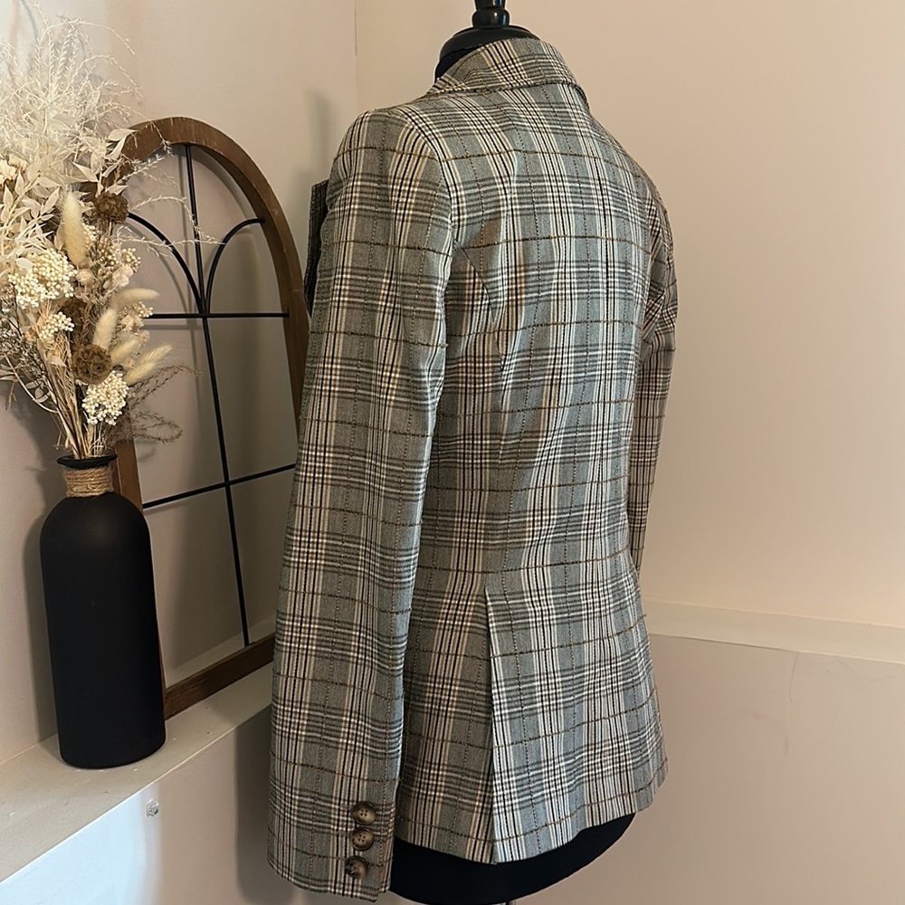 H&M | Vintage Neutral Brown Tan Plaid Blazer Large Lapel Button Down Coat - Picture 7 of 11